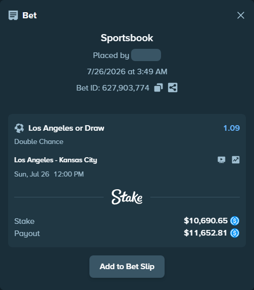 Bet slip: Los Angeles - Kansas City, $10,690.65 stake at 1.09 odds, placed by lightsum