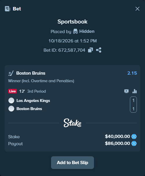 Bet slip: Los Angeles Kings - Boston Bruins, $40,000.00 stake at 2.15 odds, placed by Hidden