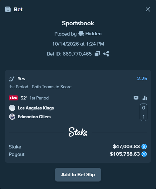 Bet slip: Los Angeles Kings - Edmonton Oilers, $47,003.83 stake at 2.25 odds, placed by Hidden
