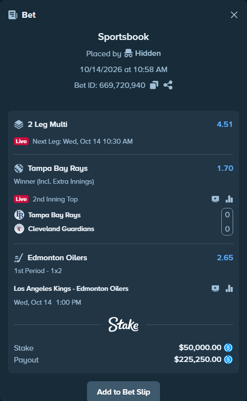 Bet slip: Los Angeles Kings - Edmonton Oilers, $50,000.00 stake at 2.65 odds, placed by Hidden