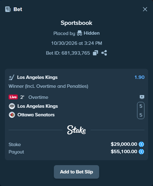 Bet slip: Los Angeles Kings - Ottawa Senators, $29,000.00 stake at 1.90 odds, placed by Hidden