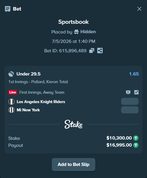 Bet slip: Los Angeles Knight Riders - Mi New York, $10,310.30 stake at 1.65 odds, placed by Hidden