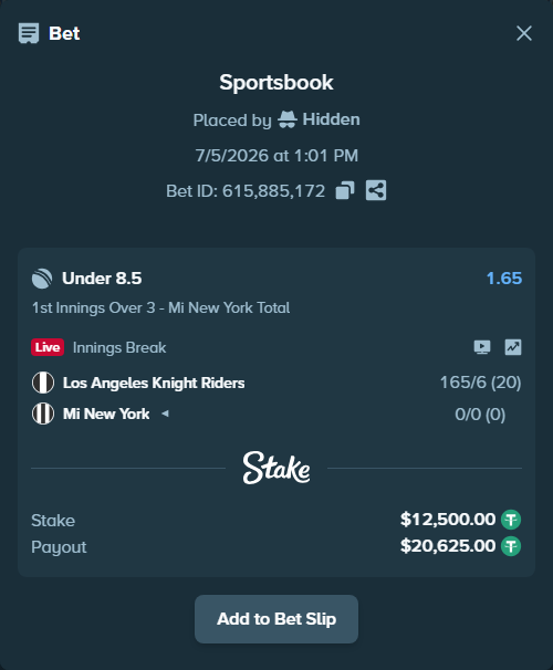 Bet slip: Los Angeles Knight Riders - Mi New York, $12,512.50 stake at 1.65 odds, placed by Hidden