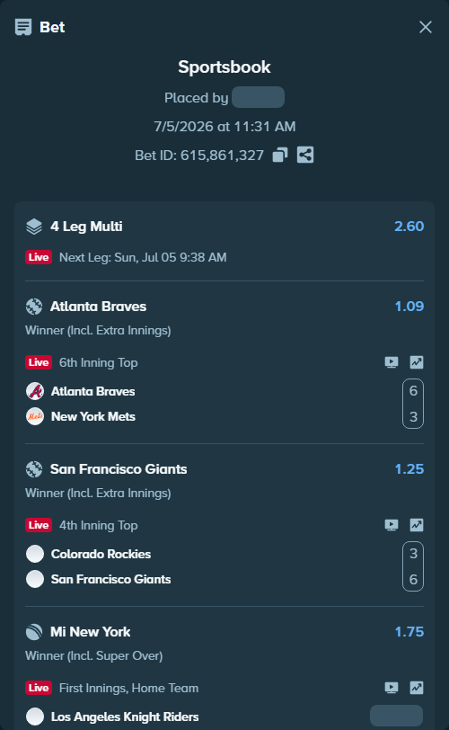 Bet slip: Los Angeles Knight Riders - Mi New York, $27,027.00 stake at 1.75 odds, placed by AsTraL11