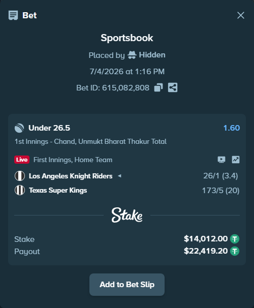 Bet slip: Los Angeles Knight Riders - Texas Super Kings, $14,026.01 stake at 1.60 odds, placed by Hidden