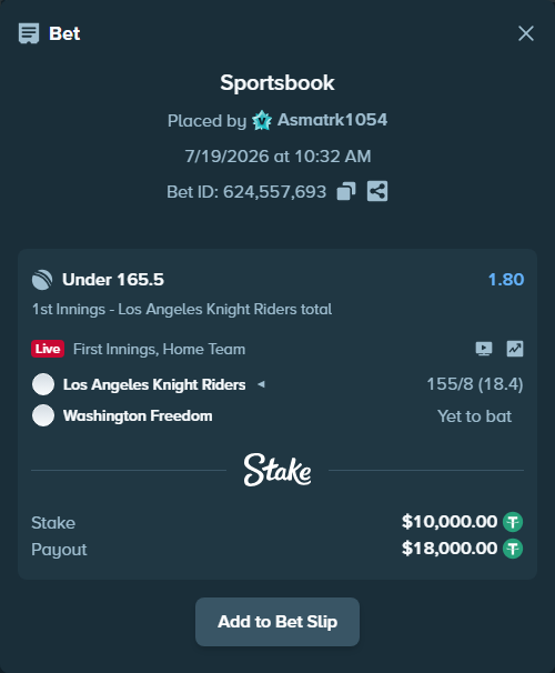 Bet slip: Los Angeles Knight Riders - Washington Freedom, $10,000.00 stake at 1.80 odds, placed by Asmatrk1054