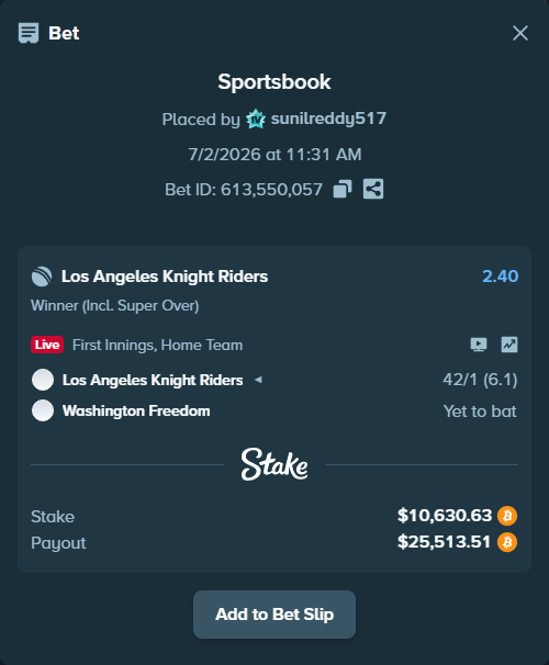 Bet slip: Los Angeles Knight Riders - Washington Freedom, $11,125.16 stake at 2.40 odds, placed by sunilreddy517
