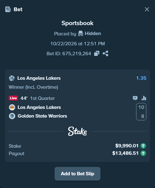 Bet slip: Los Angeles Lakers - Golden State Warriors, $10,000.00 stake at 1.35 odds, placed by jeromecua
