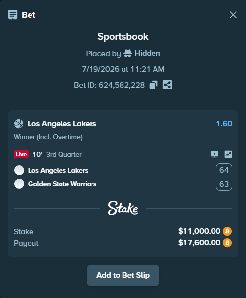 Bet slip: Los Angeles Lakers - Golden State Warriors, $10,931.86 stake at 1.60 odds, placed by Hidden