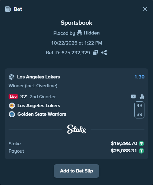 Bet slip: Los Angeles Lakers - Golden State Warriors, $19,318.00 stake at 1.30 odds, placed by Hanselwilliam1
