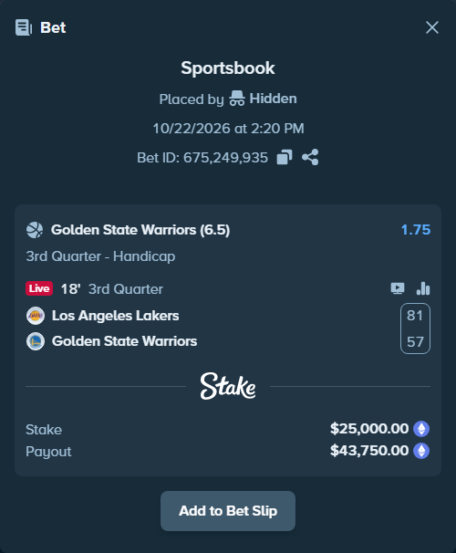 Bet slip: Los Angeles Lakers - Golden State Warriors, $25,052.35 stake at 1.75 odds, placed by Jollysea