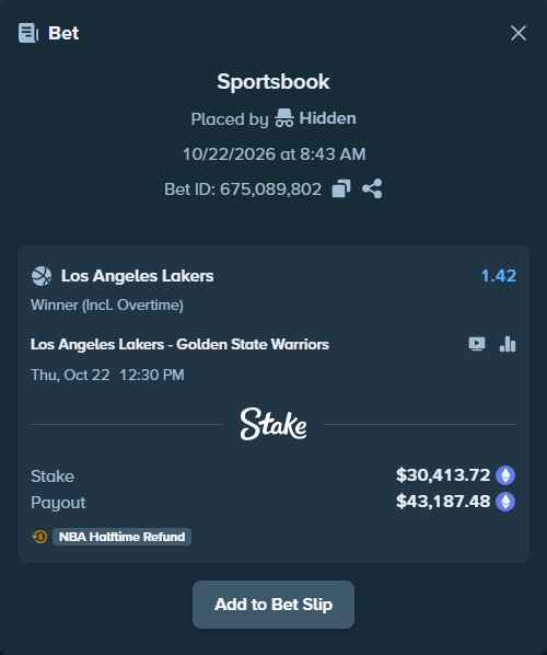 Bet slip: Los Angeles Lakers - Golden State Warriors, $29,722.97 stake at 1.42 odds, placed by Coco43pl
