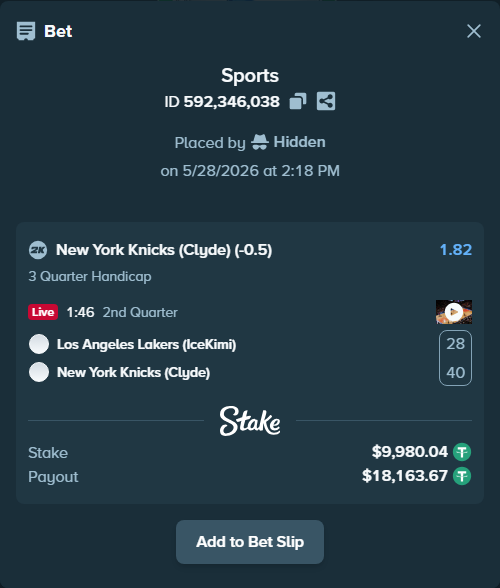 Bet slip: Los Angeles Lakers (IceKimi) - New York Knicks (Clyde), $10,000.00 stake at 1.82 odds, placed by Hidden