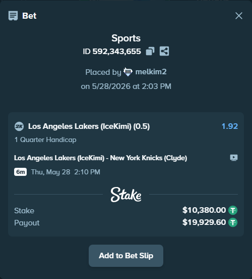 Bet slip: Los Angeles Lakers (IceKimi) - New York Knicks (Clyde), $10,400.76 stake at 1.92 odds, placed by melkim2