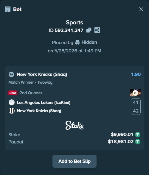 Bet slip: Los Angeles Lakers (IceKimi) - New York Knicks (Shaq), $10,000.00 stake at 1.90 odds, placed by Hidden