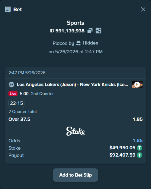 Bet slip: Los Angeles Lakers (Jason) - New York Knicks (IceKimi), $50,000.00 stake at 1.85 odds, placed by Hidden