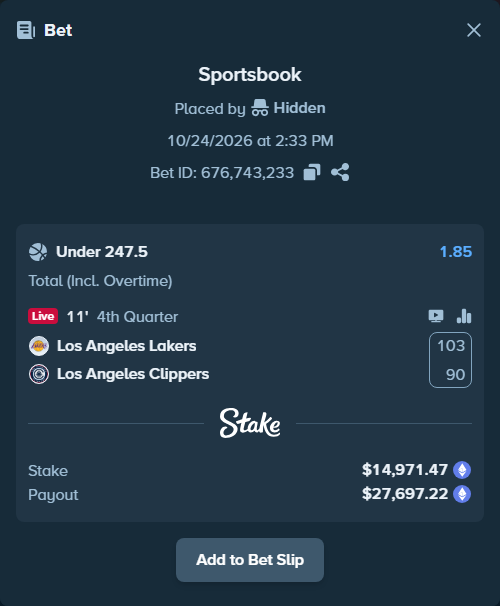 Bet slip: Los Angeles Lakers - LA Clippers, $14,951.09 stake at 1.85 odds, placed by Jollysea