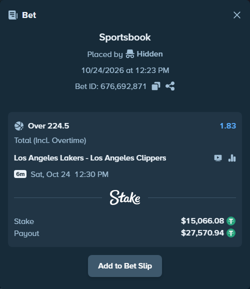 Bet slip: Los Angeles Lakers - LA Clippers, $15,081.15 stake at 1.83 odds, placed by Hidden