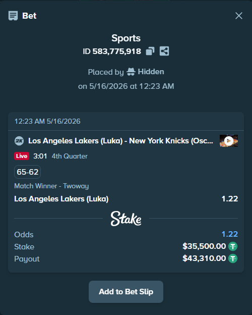 Bet slip: Los Angeles Lakers (Luka) - New York Knicks (Oscar), $35,535.50 stake at 1.22 odds, placed by Hidden