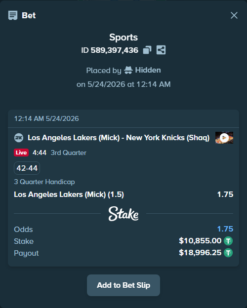 Bet slip: Los Angeles Lakers (Mick) - New York Knicks (Shaq), $10,865.85 stake at 1.75 odds, placed by Hidden