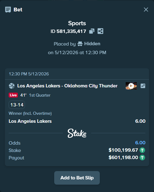 Bet slip: Los Angeles Lakers - Oklahoma City Thunder, $100,199.67 stake at 6.00 odds, placed by Hidden