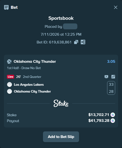 Bet slip: Los Angeles Lakers - Oklahoma City Thunder, $12,825.60 stake at 3.05 odds, placed by Prettylfacko98
