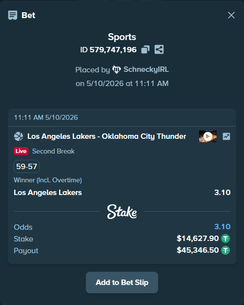 Bet slip: Los Angeles Lakers - Oklahoma City Thunder, $14,627.90 stake at 3.10 odds, placed by SchneckyIRL