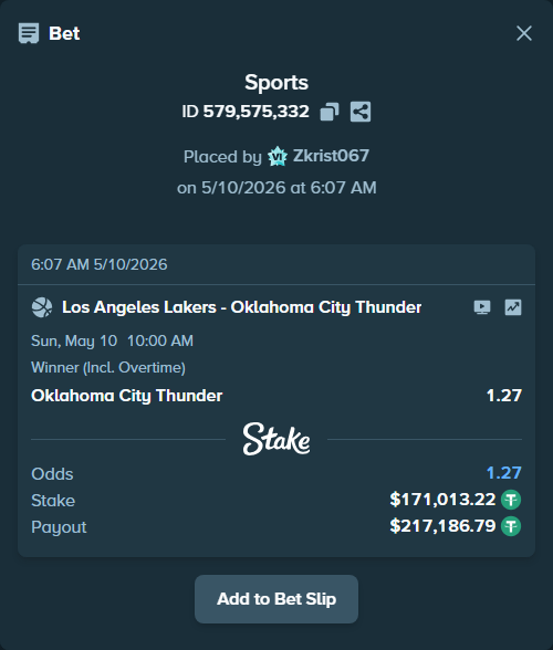 Bet slip: Los Angeles Lakers - Oklahoma City Thunder, $171,013.22 stake at 1.27 odds, placed by Zkrist067