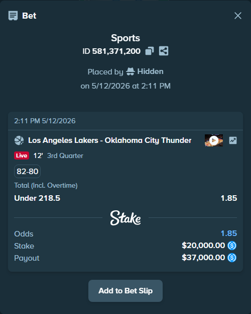 Bet slip: Los Angeles Lakers - Oklahoma City Thunder, $20,000.00 stake at 1.85 odds, placed by Hidden