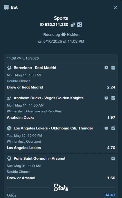 Bet slip: Los Angeles Lakers - Oklahoma City Thunder, $25,000.00 stake at 4.70 odds, placed by Hidden
