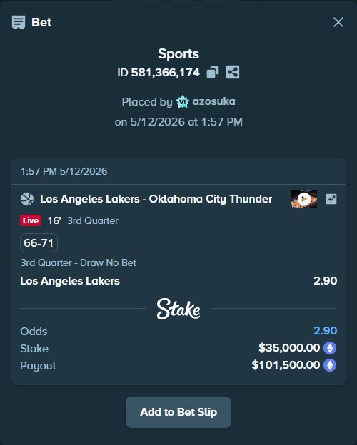 Bet slip: Los Angeles Lakers - Oklahoma City Thunder, $26,287.27 stake at 2.90 odds, placed by azosuka
