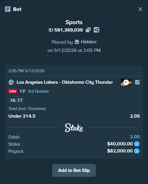 Bet slip: Los Angeles Lakers - Oklahoma City Thunder, $40,000.00 stake at 2.05 odds, placed by Hidden