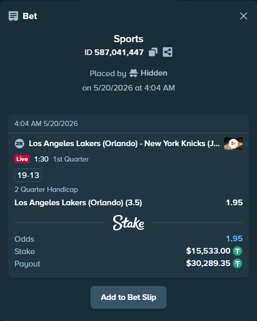 Bet slip: Los Angeles Lakers (Orlando) - New York Knicks (James), $15,548.53 stake at 1.95 odds, placed by Hidden