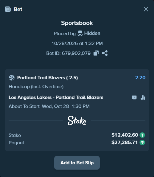Bet slip: Los Angeles Lakers - Portland Trail Blazers, $12,415.00 stake at 2.20 odds, placed by KeyNG8888