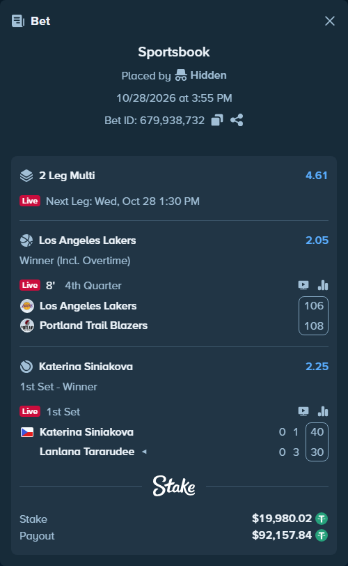 Bet slip: Los Angeles Lakers - Portland Trail Blazers, $20,000.00 stake at 2.05 odds, placed by Hidden