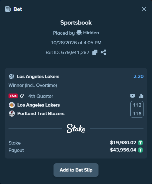 Bet slip: Los Angeles Lakers - Portland Trail Blazers, $20,000.00 stake at 2.20 odds, placed by Hidden