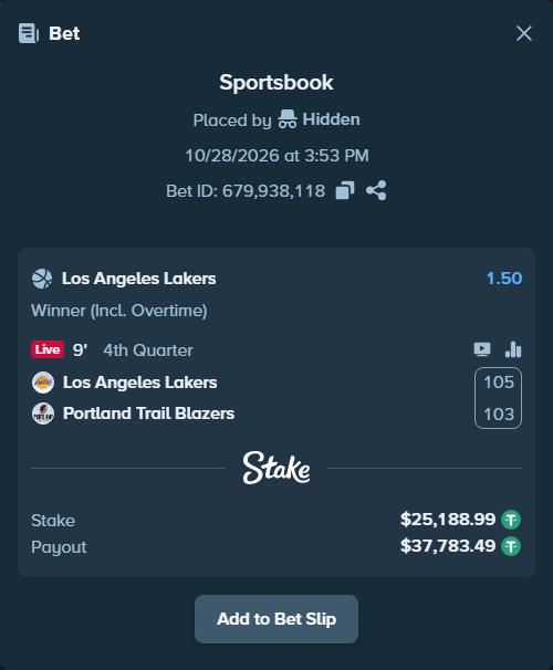 Bet slip: Los Angeles Lakers - Portland Trail Blazers, $25,214.18 stake at 1.50 odds, placed by Hidden