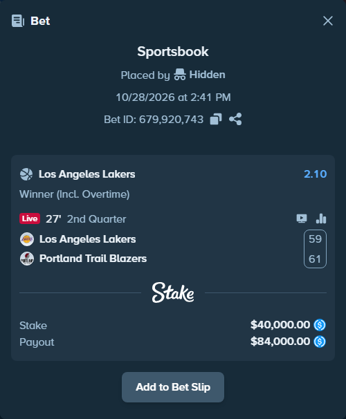 Bet slip: Los Angeles Lakers - Portland Trail Blazers, $40,000.00 stake at 2.10 odds, placed by Hidden