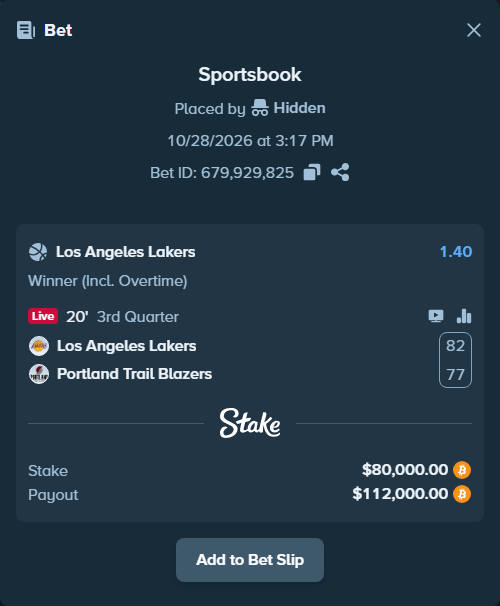 Bet slip: Los Angeles Lakers - Portland Trail Blazers, $80,320.45 stake at 1.40 odds, placed by Hidden