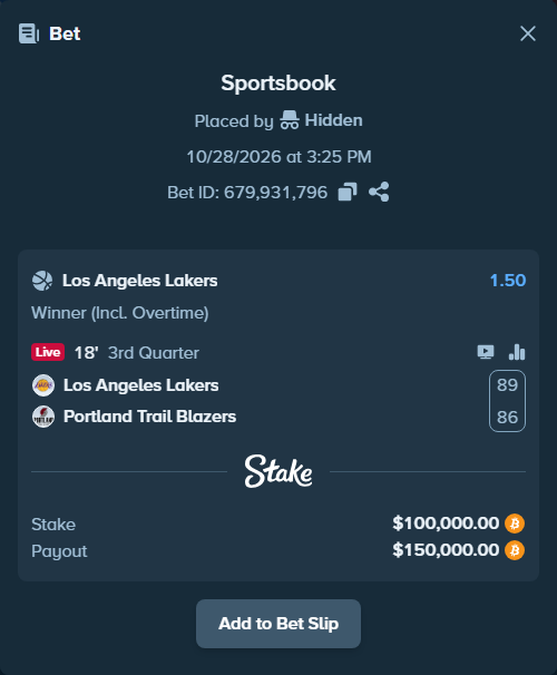 Bet slip: Los Angeles Lakers - Portland Trail Blazers, $99,846.55 stake at 1.50 odds, placed by Hidden
