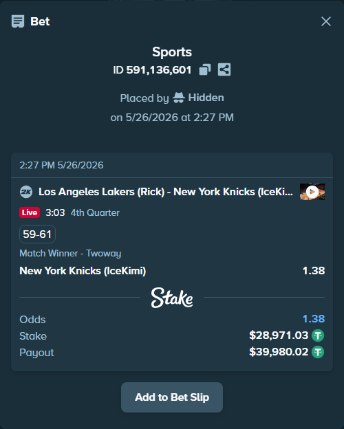Bet slip: Los Angeles Lakers (Rick) - New York Knicks (IceKimi), $29,000.00 stake at 1.38 odds, placed by Hidden