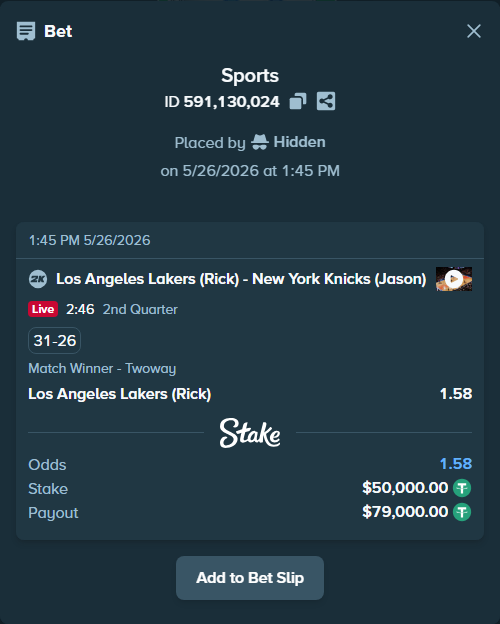 Bet slip: Los Angeles Lakers (Rick) - New York Knicks (Jason), $50,000.00 stake at 1.58 odds, placed by Hidden