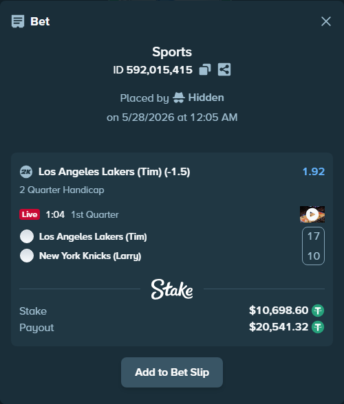 Bet slip: Los Angeles Lakers (Tim) - New York Knicks (Larry), $10,720.00 stake at 1.92 odds, placed by Hidden