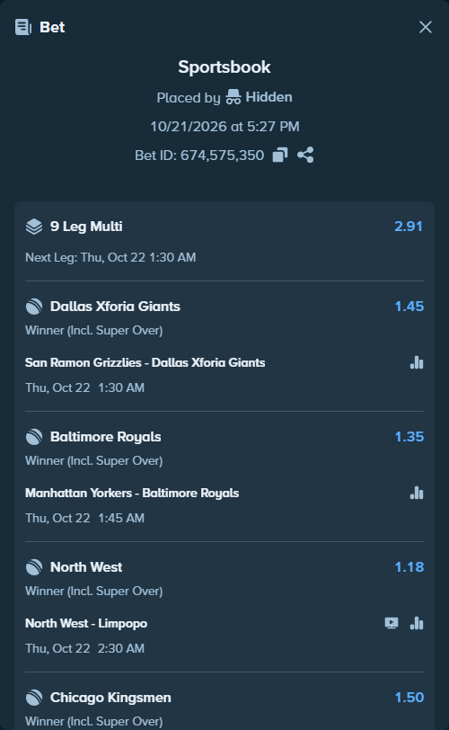 Bet slip: Los Angeles Lashings - Chicago Kingsmen, $9,289.59 stake at 1.50 odds, placed by Brahma946