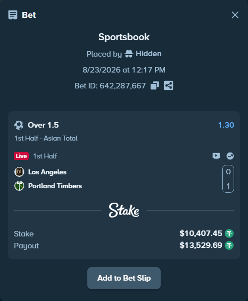 Bet slip: Los Angeles - Portland Timbers, $10,406.41 stake at 1.30 odds, placed by Hidden