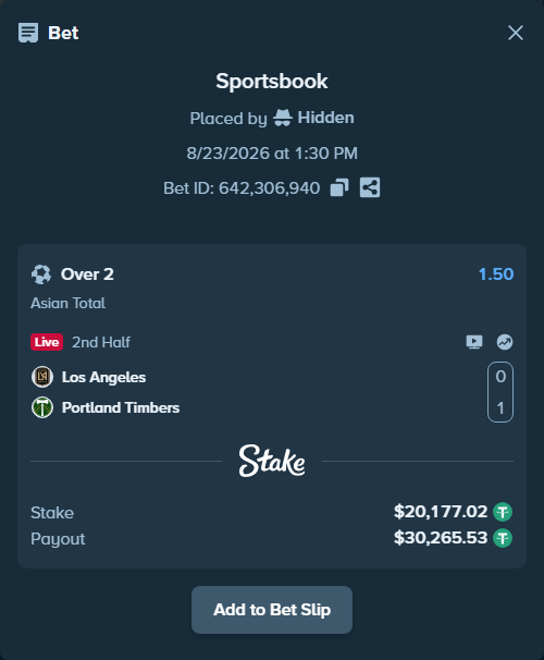 Bet slip: Los Angeles - Portland Timbers, $20,175.00 stake at 1.50 odds, placed by Hidden