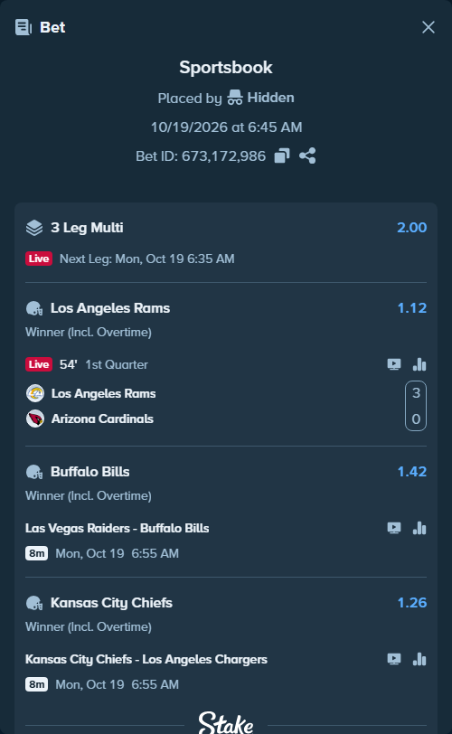 Bet slip: Los Angeles Rams - Arizona Cardinals, $10,010.00 stake at 1.12 odds, placed by Hidden