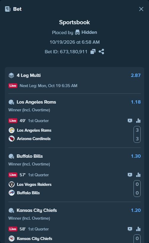 Bet slip: Los Angeles Rams - Arizona Cardinals, $12,669.36 stake at 1.18 odds, placed by Hidden