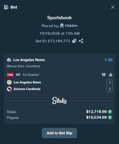Bet slip: Los Angeles Rams - Arizona Cardinals, $12,731.70 stake at 1.30 odds, placed by JoelT9