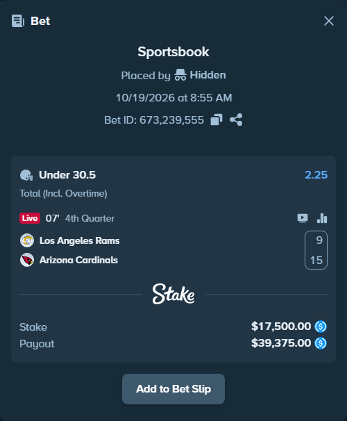 Bet slip: Los Angeles Rams - Arizona Cardinals, $17,500.00 stake at 2.25 odds, placed by Hidden